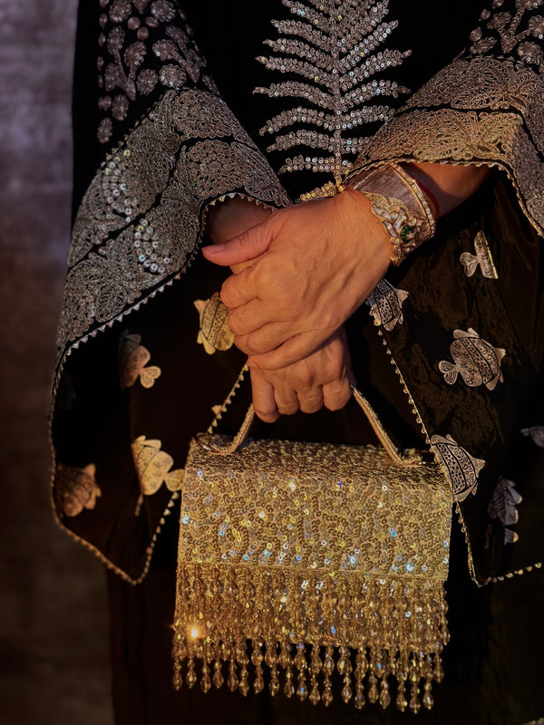 Opulent Tassel Sequin Bag & Gold Chain Belt Set